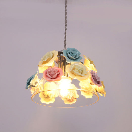 Transparent Glass Conical Hanging Lamp Modernist 1-Light Ceiling Pendant Light with Blue-Pink-Yellow Flower Decor Clearhalo 'Ceiling Lights' 'Glass shade' 'Glass' 'Island Lights' 'Modern Pendants' 'Modern' 'Pendant Lights' 'Pendants' Lighting' 1475974