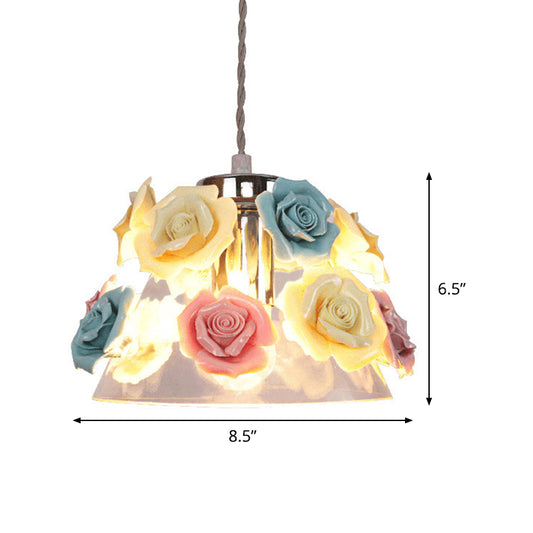Transparent Glass Conical Hanging Lamp Modernist 1-Light Ceiling Pendant Light with Blue-Pink-Yellow Flower Decor Clearhalo 'Ceiling Lights' 'Glass shade' 'Glass' 'Island Lights' 'Modern Pendants' 'Modern' 'Pendant Lights' 'Pendants' Lighting' 1475975