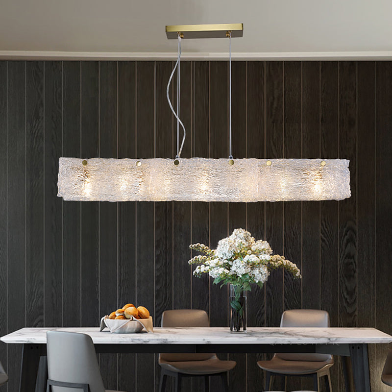Elongated Rectangle Dinette Drop Pendant Transparent Crackle Glass 9-Light Modern Island Light in Gold Clearhalo 'Ceiling Lights' 'Glass shade' 'Glass' 'Island Lights' 'Pendant Lights' Lighting' 1475991