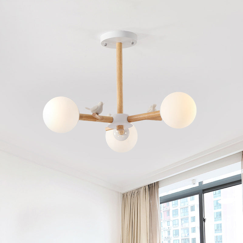 Radial Ceiling Mount Chandelier Nordic Wood 3/6-Bulb Bedroom Semi Mount Lighting with White Glass Shade and Bird Decor - Clearhalo - 'Ceiling Lights' - 'Close To Ceiling Lights' - 'Close to ceiling' - 'Semi-flushmount' - Lighting' - 1476032