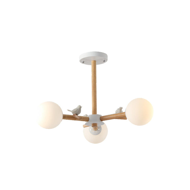 Radial Ceiling Mount Chandelier Nordic Wood 3/6-Bulb Bedroom Semi Mount Lighting with White Glass Shade and Bird Decor - Clearhalo - 'Ceiling Lights' - 'Close To Ceiling Lights' - 'Close to ceiling' - 'Semi-flushmount' - Lighting' - 1476034