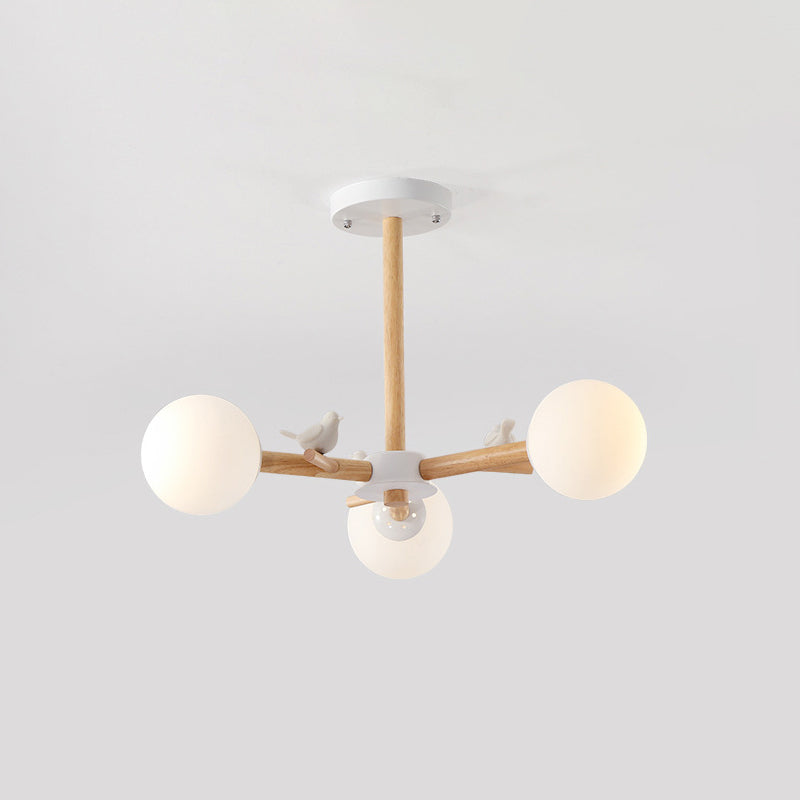Radial Ceiling Mount Chandelier Nordic Wood 3/6-Bulb Bedroom Semi Mount Lighting with White Glass Shade and Bird Decor - Clearhalo - 'Ceiling Lights' - 'Close To Ceiling Lights' - 'Close to ceiling' - 'Semi-flushmount' - Lighting' - 1476035