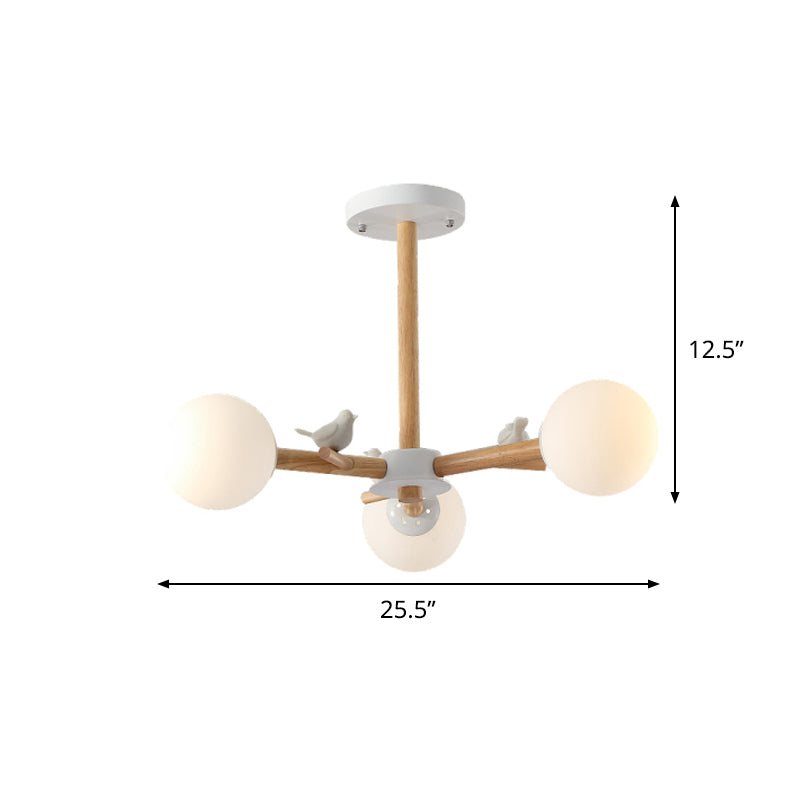 Radial Ceiling Mount Chandelier Nordic Wood 3/6-Bulb Bedroom Semi Mount Lighting with White Glass Shade and Bird Decor - Clearhalo - 'Ceiling Lights' - 'Close To Ceiling Lights' - 'Close to ceiling' - 'Semi-flushmount' - Lighting' - 1476036