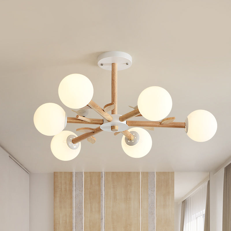 Radial Ceiling Mount Chandelier Nordic Wood 3/6-Bulb Bedroom Semi Mount Lighting with White Glass Shade and Bird Decor - Clearhalo - 'Ceiling Lights' - 'Close To Ceiling Lights' - 'Close to ceiling' - 'Semi-flushmount' - Lighting' - 1476037