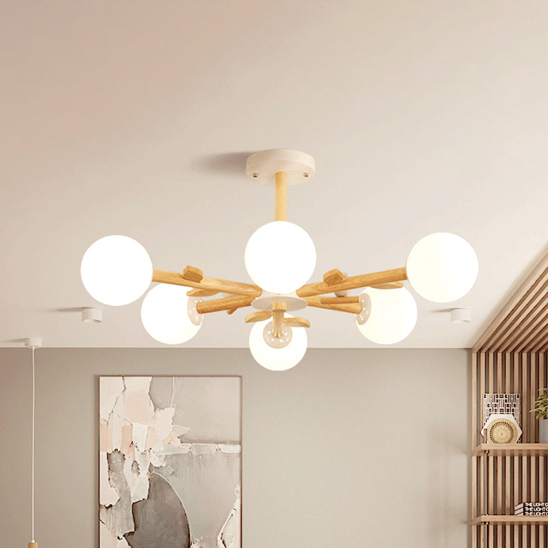 Radial Ceiling Mount Chandelier Nordic Wood 3/6-Bulb Bedroom Semi Mount Lighting with White Glass Shade and Bird Decor - 6 - White - Clearhalo - 'Ceiling Lights' - 'Close To Ceiling Lights' - 'Close to ceiling' - 'Semi-flushmount' - Lighting' - 1476038