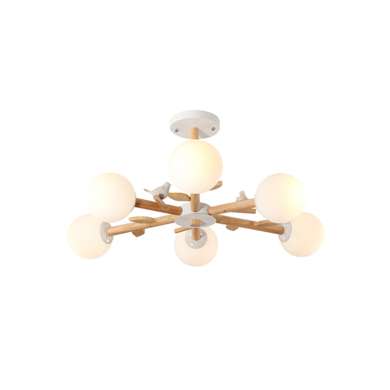 Radial Ceiling Mount Chandelier Nordic Wood 3/6-Bulb Bedroom Semi Mount Lighting with White Glass Shade and Bird Decor - Clearhalo - 'Ceiling Lights' - 'Close To Ceiling Lights' - 'Close to ceiling' - 'Semi-flushmount' - Lighting' - 1476039