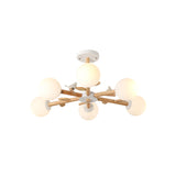 Radial Ceiling Mount Chandelier Nordic Wood 3/6-Bulb Bedroom Semi Mount Lighting with White Glass Shade and Bird Decor - Clearhalo - 'Ceiling Lights' - 'Close To Ceiling Lights' - 'Close to ceiling' - 'Semi-flushmount' - Lighting' - 1476039