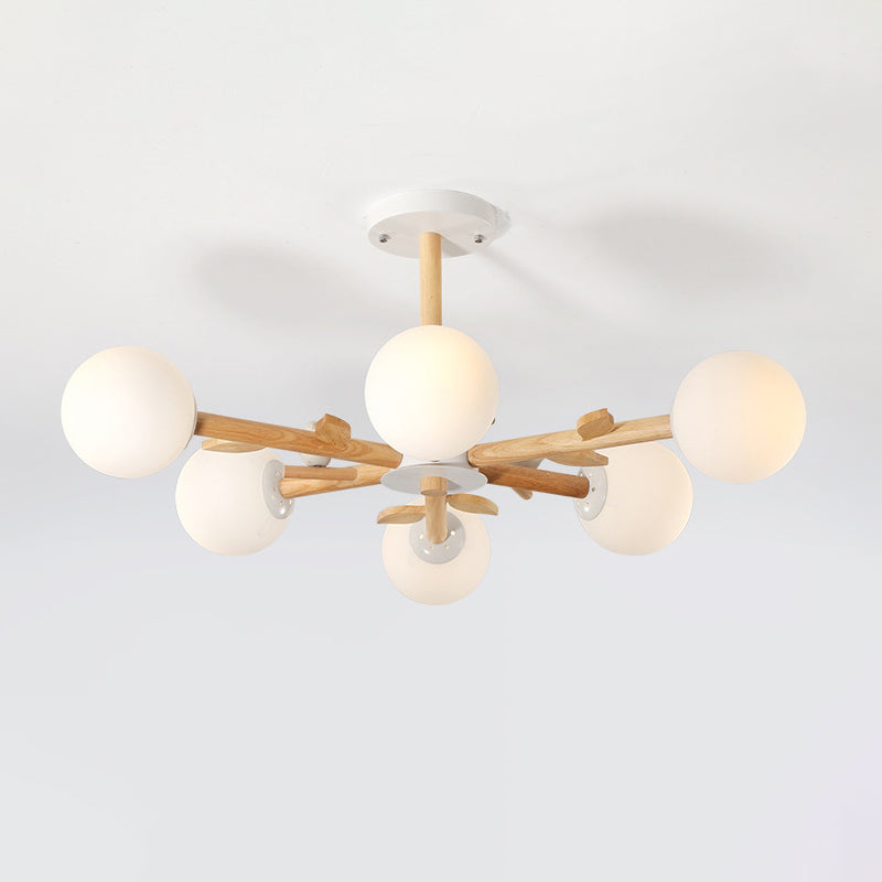 Radial Ceiling Mount Chandelier Nordic Wood 3/6-Bulb Bedroom Semi Mount Lighting with White Glass Shade and Bird Decor - Clearhalo - 'Ceiling Lights' - 'Close To Ceiling Lights' - 'Close to ceiling' - 'Semi-flushmount' - Lighting' - 1476040