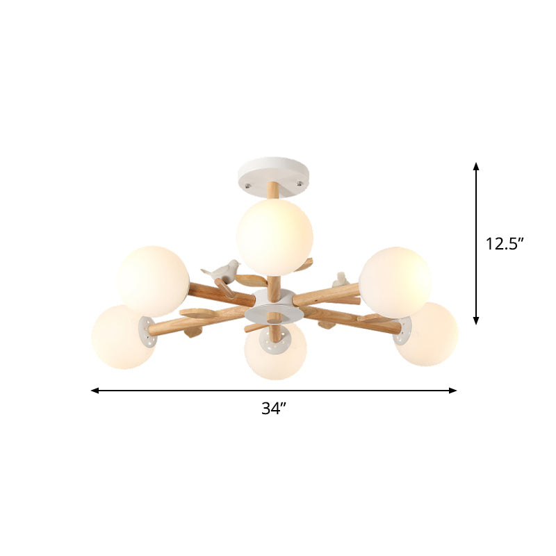 Radial Ceiling Mount Chandelier Nordic Wood 3/6-Bulb Bedroom Semi Mount Lighting with White Glass Shade and Bird Decor - Clearhalo - 'Ceiling Lights' - 'Close To Ceiling Lights' - 'Close to ceiling' - 'Semi-flushmount' - Lighting' - 1476041