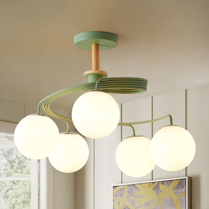 Swirl Flush Chandelier Nordic Iron 5 Bulbs Grey/Green Semi Flush Ceiling Light with Orb Glass Shade and Wood Downrod Clearhalo 'Ceiling Lights' 'Chandeliers' 'Close To Ceiling Lights' 'Close to ceiling' 'Glass shade' 'Glass' 'Island Lights' 'Semi-flushmount' Lighting' 1476042