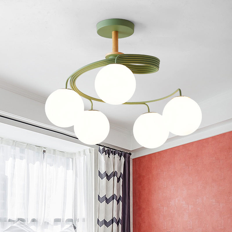 Swirl Flush Chandelier Nordic Iron 5 Bulbs Grey/Green Semi Flush Ceiling Light with Orb Glass Shade and Wood Downrod Green Clearhalo 'Ceiling Lights' 'Chandeliers' 'Close To Ceiling Lights' 'Close to ceiling' 'Glass shade' 'Glass' 'Island Lights' 'Semi-flushmount' Lighting' 1476043