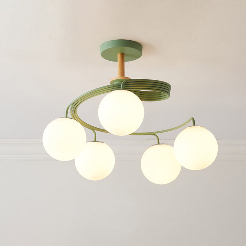 Swirl Flush Chandelier Nordic Iron 5 Bulbs Grey/Green Semi Flush Ceiling Light with Orb Glass Shade and Wood Downrod Clearhalo 'Ceiling Lights' 'Chandeliers' 'Close To Ceiling Lights' 'Close to ceiling' 'Glass shade' 'Glass' 'Island Lights' 'Semi-flushmount' Lighting' 1476044
