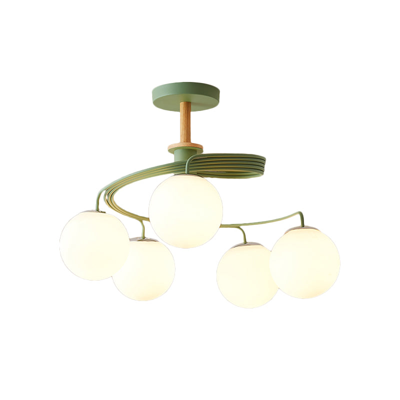 Swirl Flush Chandelier Nordic Iron 5 Bulbs Grey/Green Semi Flush Ceiling Light with Orb Glass Shade and Wood Downrod Clearhalo 'Ceiling Lights' 'Chandeliers' 'Close To Ceiling Lights' 'Close to ceiling' 'Glass shade' 'Glass' 'Island Lights' 'Semi-flushmount' Lighting' 1476045