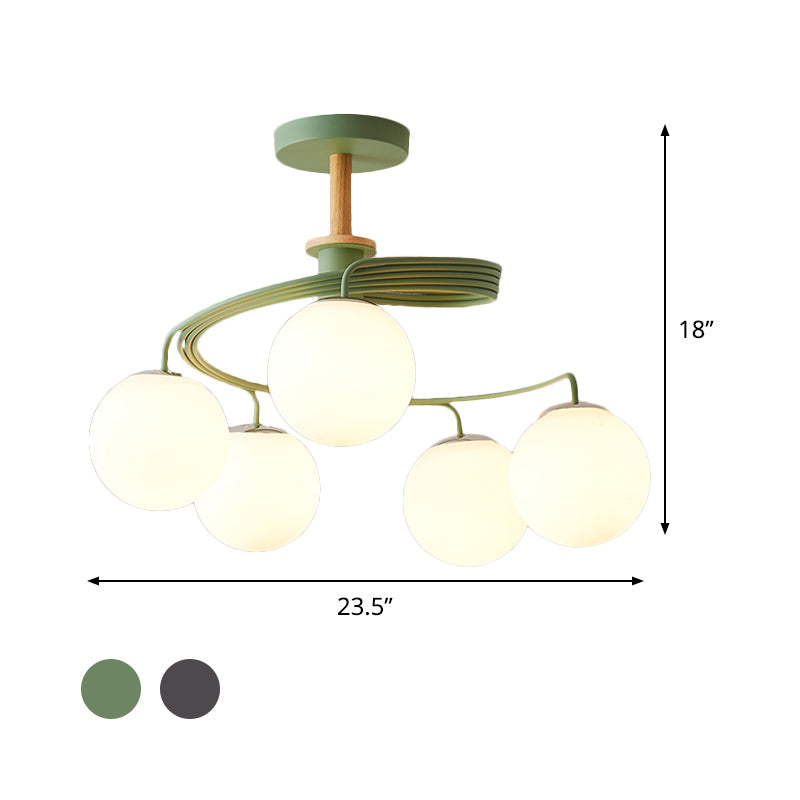 Swirl Flush Chandelier Nordic Iron 5 Bulbs Grey/Green Semi Flush Ceiling Light with Orb Glass Shade and Wood Downrod Clearhalo 'Ceiling Lights' 'Chandeliers' 'Close To Ceiling Lights' 'Close to ceiling' 'Glass shade' 'Glass' 'Island Lights' 'Semi-flushmount' Lighting' 1476046