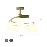 Swirl Flush Chandelier Nordic Iron 5 Bulbs Grey/Green Semi Flush Ceiling Light with Orb Glass Shade and Wood Downrod Clearhalo 'Ceiling Lights' 'Chandeliers' 'Close To Ceiling Lights' 'Close to ceiling' 'Glass shade' 'Glass' 'Island Lights' 'Semi-flushmount' Lighting' 1476046