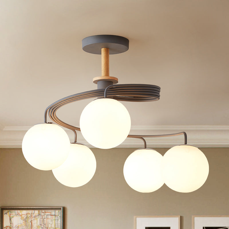 Swirl Flush Chandelier Nordic Iron 5 Bulbs Grey/Green Semi Flush Ceiling Light with Orb Glass Shade and Wood Downrod Clearhalo 'Ceiling Lights' 'Chandeliers' 'Close To Ceiling Lights' 'Close to ceiling' 'Glass shade' 'Glass' 'Island Lights' 'Semi-flushmount' Lighting' 1476047