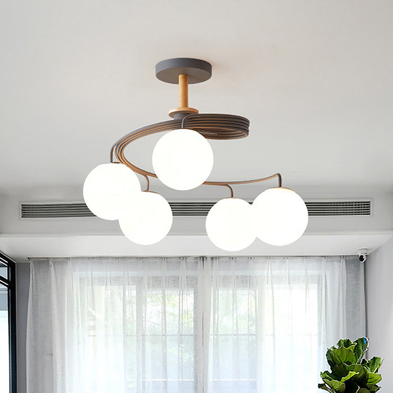 Swirl Flush Chandelier Nordic Iron 5 Bulbs Grey/Green Semi Flush Ceiling Light with Orb Glass Shade and Wood Downrod Grey Clearhalo 'Ceiling Lights' 'Chandeliers' 'Close To Ceiling Lights' 'Close to ceiling' 'Glass shade' 'Glass' 'Island Lights' 'Semi-flushmount' Lighting' 1476048
