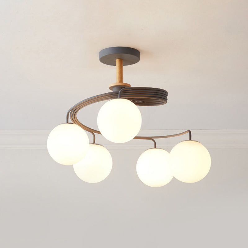 Swirl Flush Chandelier Nordic Iron 5 Bulbs Grey/Green Semi Flush Ceiling Light with Orb Glass Shade and Wood Downrod Clearhalo 'Ceiling Lights' 'Chandeliers' 'Close To Ceiling Lights' 'Close to ceiling' 'Glass shade' 'Glass' 'Island Lights' 'Semi-flushmount' Lighting' 1476049