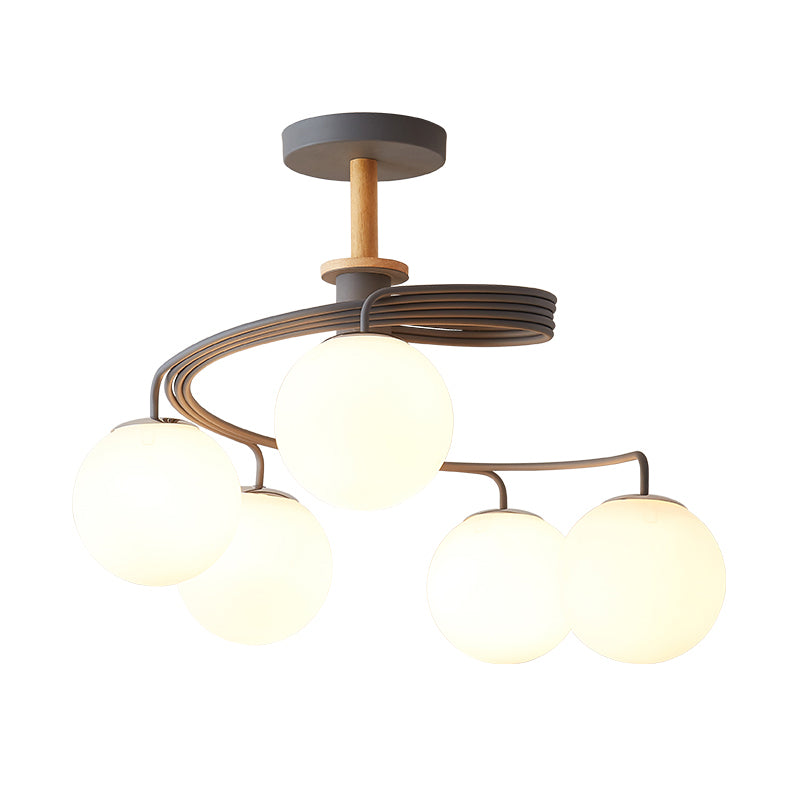 Swirl Flush Chandelier Nordic Iron 5 Bulbs Grey/Green Semi Flush Ceiling Light with Orb Glass Shade and Wood Downrod Clearhalo 'Ceiling Lights' 'Chandeliers' 'Close To Ceiling Lights' 'Close to ceiling' 'Glass shade' 'Glass' 'Island Lights' 'Semi-flushmount' Lighting' 1476050