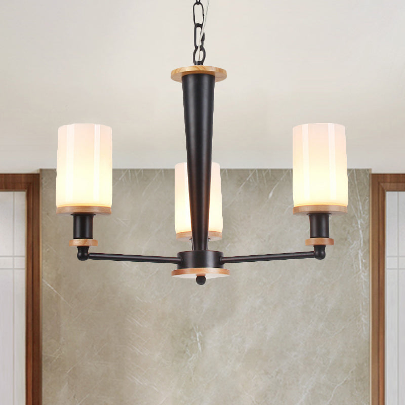 Opal Frosted Glass Column Chandelier Mid-Century 3 Lights Pendant Ceiling Light in Black Clearhalo 'Ceiling Lights' 'Chandeliers' 'Glass shade' 'Glass' 'Island Lights' 'Modern Chandeliers' 'Modern' Lighting' 1476052