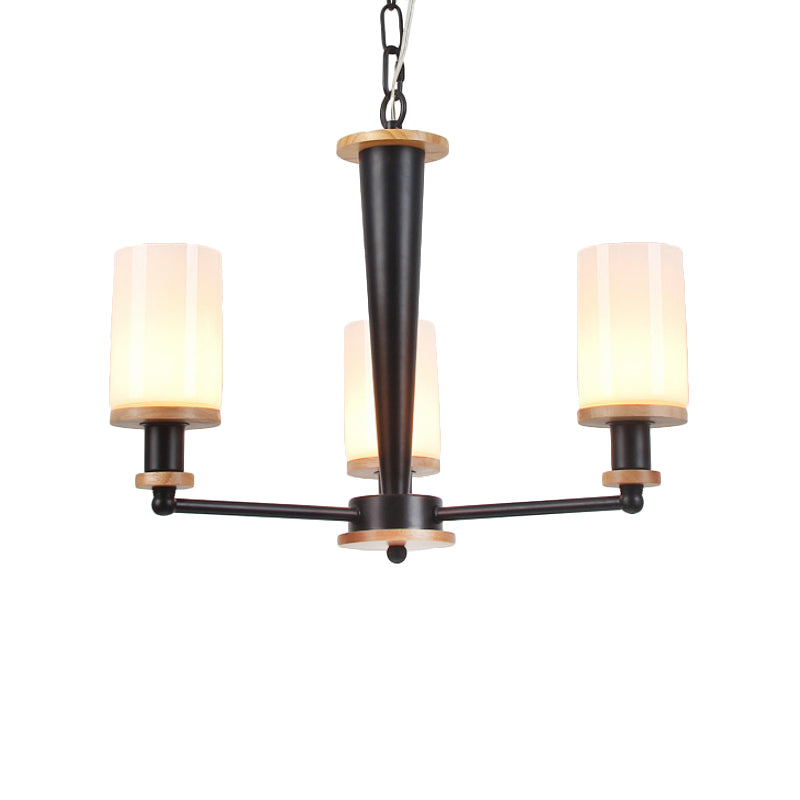 Opal Frosted Glass Column Chandelier Mid-Century 3 Lights Pendant Ceiling Light in Black Clearhalo 'Ceiling Lights' 'Chandeliers' 'Glass shade' 'Glass' 'Island Lights' 'Modern Chandeliers' 'Modern' Lighting' 1476053