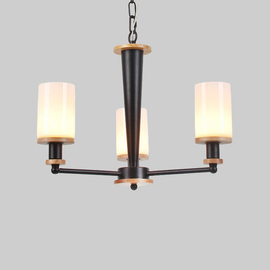 Opal Frosted Glass Column Chandelier Mid-Century 3 Lights Pendant Ceiling Light in Black Clearhalo 'Ceiling Lights' 'Chandeliers' 'Glass shade' 'Glass' 'Island Lights' 'Modern Chandeliers' 'Modern' Lighting' 1476054