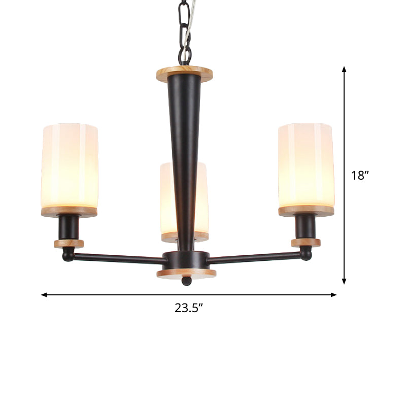 Opal Frosted Glass Column Chandelier Mid-Century 3 Lights Pendant Ceiling Light in Black Clearhalo 'Ceiling Lights' 'Chandeliers' 'Glass shade' 'Glass' 'Island Lights' 'Modern Chandeliers' 'Modern' Lighting' 1476055