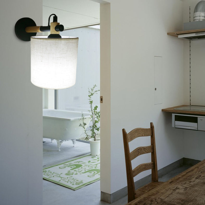 Fabric Cylindrical Sconce Wall Light Modernist 1 Light Bedroom Wall Mount Fixture with Wooden Joint in Black/White Black Clearhalo 'Industrial wall lights' 'Industrial' 'Middle century wall lights' 'Rustic wall lights' 'Tiffany' 'Wall Lamps & Sconces' 'Wall Lights' Lighting' 147606