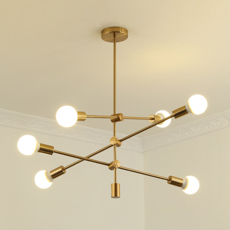 Gold Tiered Rod Adjustable Semi Flush Postmodernism 6-Light Iron Ceiling Mount Light with Open Bulb Design