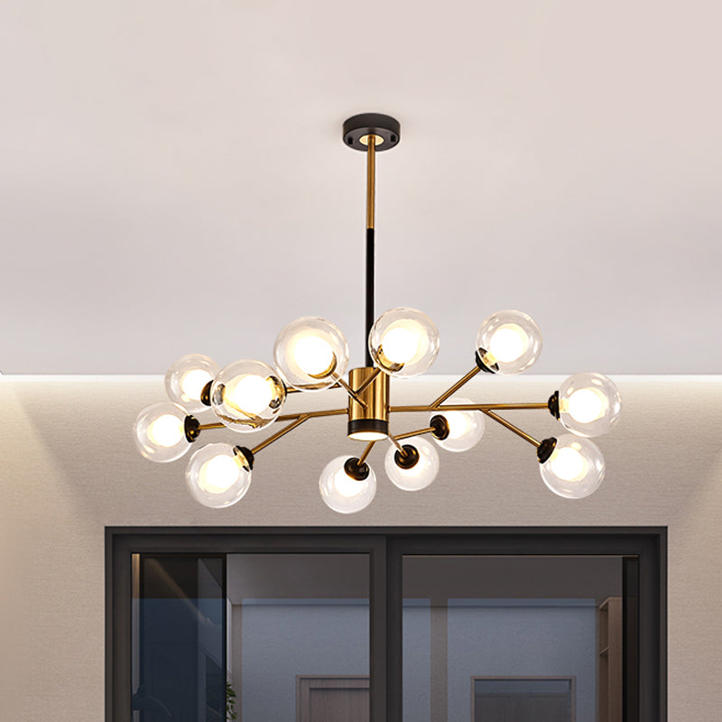 Orb Clear Glass Chandelier Postmodern Stylish 12 Bulbs Black-Gold Pendant Lamp with Branching Design Black-Gold Clearhalo 'Ceiling Lights' 'Chandeliers' 'Modern Chandeliers' 'Modern' Lighting' 1476070