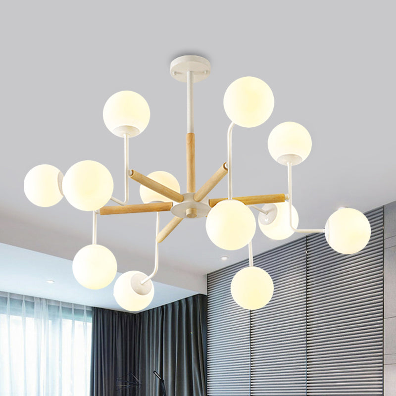 Nordic Starburst Wood Ceiling Mount Light 12 Heads Semi Flush Chandelier in White with Ball Milky Glass Shade