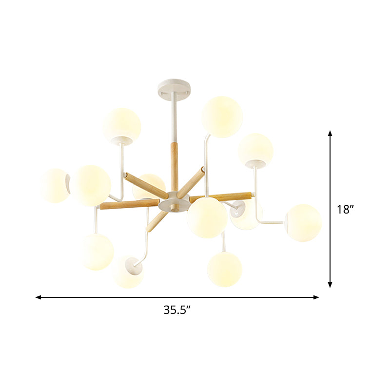 Nordic Starburst Wood Ceiling Mount Light 12 Heads Semi Flush Chandelier in White with Ball Milky Glass Shade