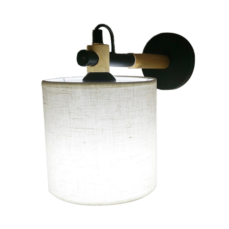 Fabric Cylindrical Sconce Wall Light Modernist 1 Light Bedroom Wall Mount Fixture with Wooden Joint in Black/White Clearhalo 'Industrial wall lights' 'Industrial' 'Middle century wall lights' 'Rustic wall lights' 'Tiffany' 'Wall Lamps & Sconces' 'Wall Lights' Lighting' 147608