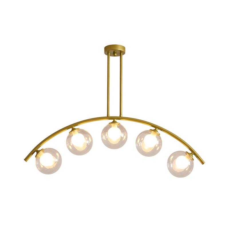 White/Clear Glass Orb Island Lamp Modernist 5 Bulbs Pendant Lighting with Brass Arch Arm for Dining Room Clearhalo 'Ceiling Lights' 'Chandeliers' 'Close To Ceiling Lights' 'Glass shade' 'Glass' 'Island Lights' Lighting' 1476088