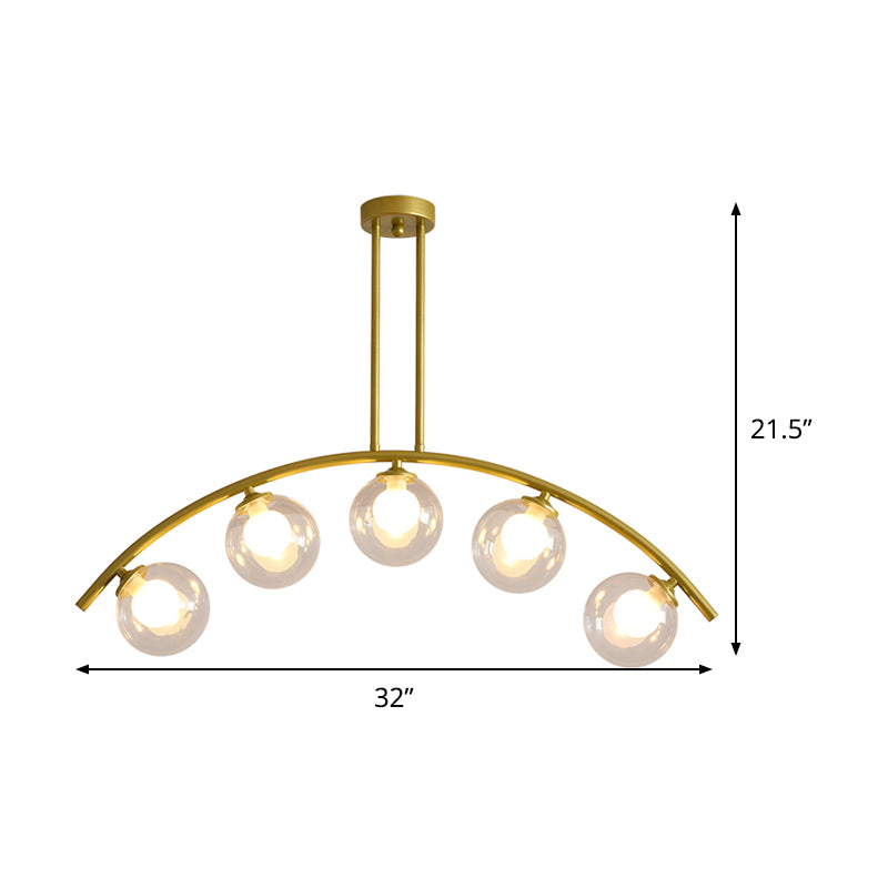 White/Clear Glass Orb Island Lamp Modernist 5 Bulbs Pendant Lighting with Brass Arch Arm for Dining Room Clearhalo 'Ceiling Lights' 'Chandeliers' 'Close To Ceiling Lights' 'Glass shade' 'Glass' 'Island Lights' Lighting' 1476089