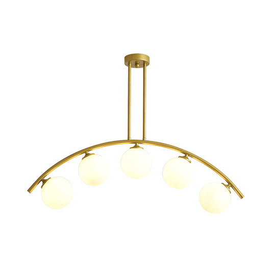 White/Clear Glass Orb Island Lamp Modernist 5 Bulbs Pendant Lighting with Brass Arch Arm for Dining Room Clearhalo 'Ceiling Lights' 'Chandeliers' 'Close To Ceiling Lights' 'Glass shade' 'Glass' 'Island Lights' Lighting' 1476093