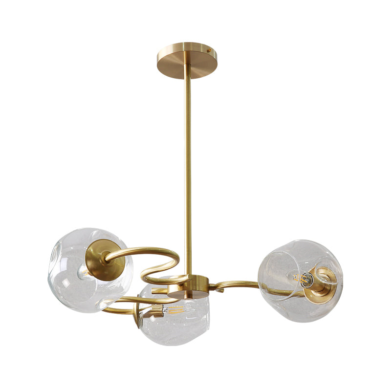 Swirling Flush Mount Chandelier Postmodern Transparent Glass 3-Light Bedroom Semi Mount Lighting in Brass Clearhalo 'Ceiling Lights' 'Close To Ceiling Lights' 'Close to ceiling' 'Glass shade' 'Glass' 'Island Lights' 'Semi-flushmount' Lighting' 1476096