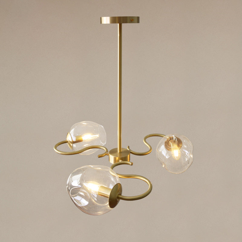 Swirling Flush Mount Chandelier Postmodern Transparent Glass 3-Light Bedroom Semi Mount Lighting in Brass Clearhalo 'Ceiling Lights' 'Close To Ceiling Lights' 'Close to ceiling' 'Glass shade' 'Glass' 'Island Lights' 'Semi-flushmount' Lighting' 1476097