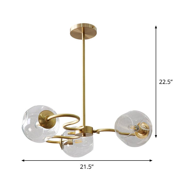 Swirling Flush Mount Chandelier Postmodern Transparent Glass 3-Light Bedroom Semi Mount Lighting in Brass Clearhalo 'Ceiling Lights' 'Close To Ceiling Lights' 'Close to ceiling' 'Glass shade' 'Glass' 'Island Lights' 'Semi-flushmount' Lighting' 1476098