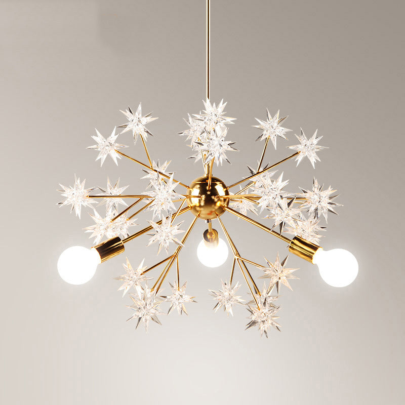 Exposed Bulb Bedroom Semi Flush Light Acrylic 3 Heads Modernism Ceiling Mount Chandelier in Gold with Star Decor