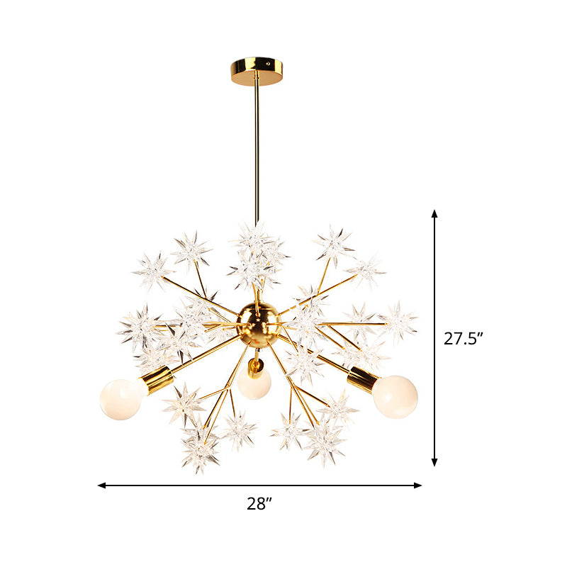 Exposed Bulb Bedroom Semi Flush Light Acrylic 3 Heads Modernism Ceiling Mount Chandelier in Gold with Star Decor