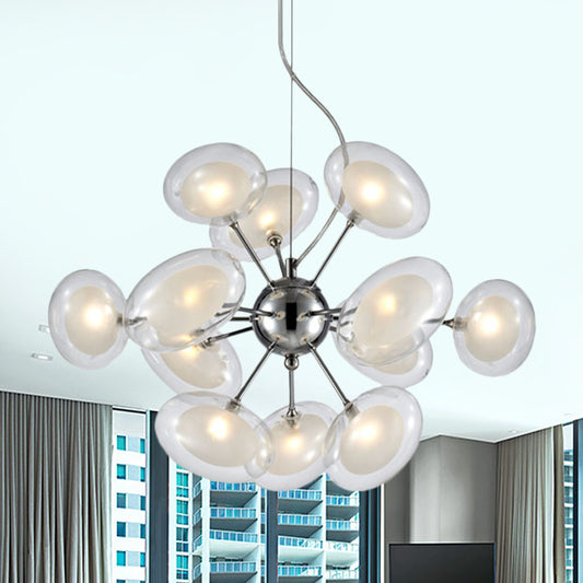Burst Hanging Chandelier Modernist Dual Oblate Glass 12-Light Chrome Suspended Lighting Fixture Clear Clearhalo 'Ceiling Lights' 'Chandeliers' 'Clear' 'Glass shade' 'Glass' 'Industrial' 'Island Lights' 'Modern Chandeliers' 'Modern' 'Tiffany' 'Traditional Chandeliers' Lighting' 1476104
