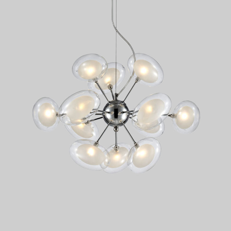 Burst Hanging Chandelier Modernist Dual Oblate Glass 12-Light Chrome Suspended Lighting Fixture Clearhalo 'Ceiling Lights' 'Chandeliers' 'Clear' 'Glass shade' 'Glass' 'Industrial' 'Island Lights' 'Modern Chandeliers' 'Modern' 'Tiffany' 'Traditional Chandeliers' Lighting' 1476107