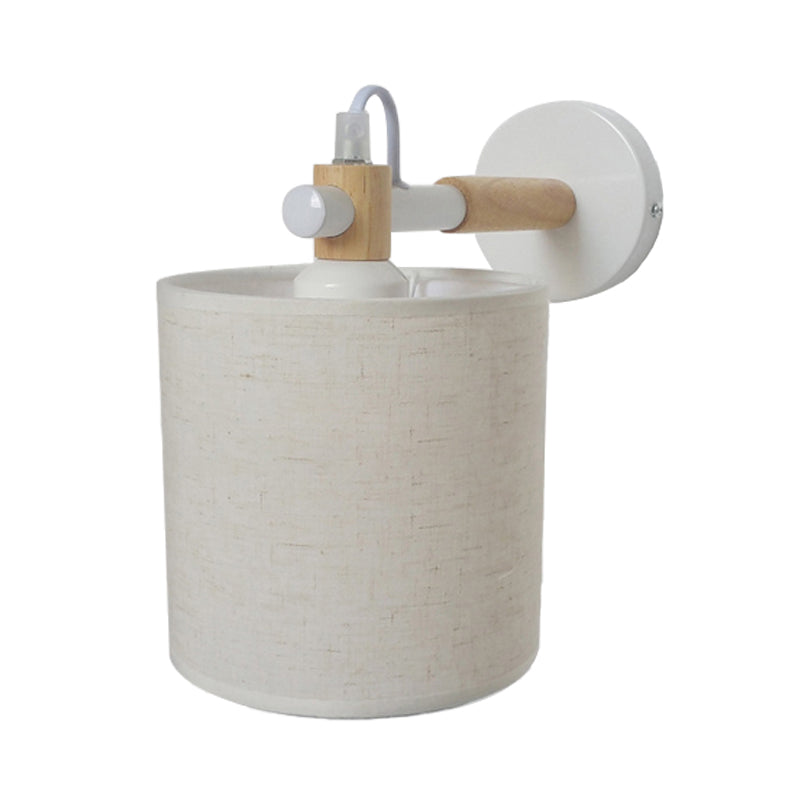 Fabric Cylindrical Sconce Wall Light Modernist 1 Light Bedroom Wall Mount Fixture with Wooden Joint in Black/White Clearhalo 'Industrial wall lights' 'Industrial' 'Middle century wall lights' 'Rustic wall lights' 'Tiffany' 'Wall Lamps & Sconces' 'Wall Lights' Lighting' 147613