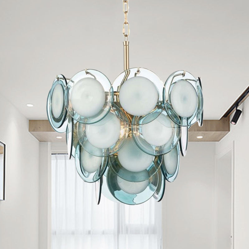 Mid Century 3 Tiers Flaked Chandelier Blue Glass 8 Lights Living Room Pendant Ceiling Light Blue Clearhalo 'Ceiling Lights' 'Chandeliers' 'Close To Ceiling Lights' 'Glass shade' 'Glass' 'Modern Chandeliers' 'Modern' Lighting' 1476138