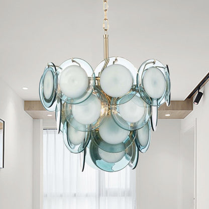 Mid Century 3 Tiers Flaked Chandelier Blue Glass 8 Lights Living Room Pendant Ceiling Light Blue Clearhalo 'Ceiling Lights' 'Chandeliers' 'Close To Ceiling Lights' 'Glass shade' 'Glass' 'Modern Chandeliers' 'Modern' Lighting' 1476138