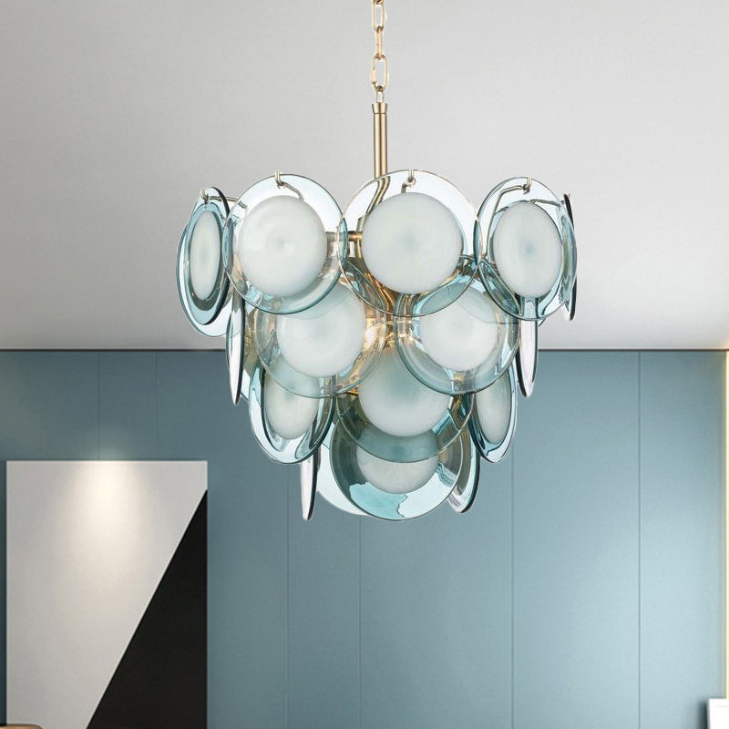 Mid Century 3 Tiers Flaked Chandelier Blue Glass 8 Lights Living Room Pendant Ceiling Light Clearhalo 'Ceiling Lights' 'Chandeliers' 'Close To Ceiling Lights' 'Glass shade' 'Glass' 'Modern Chandeliers' 'Modern' Lighting' 1476139