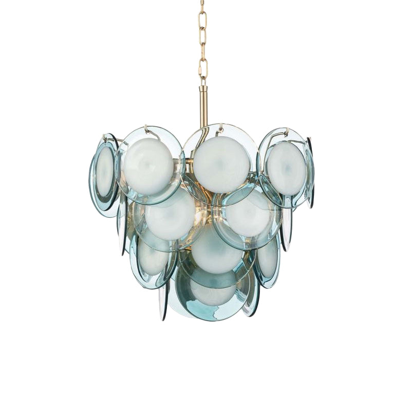 Mid Century 3 Tiers Flaked Chandelier Blue Glass 8 Lights Living Room Pendant Ceiling Light Clearhalo 'Ceiling Lights' 'Chandeliers' 'Close To Ceiling Lights' 'Glass shade' 'Glass' 'Modern Chandeliers' 'Modern' Lighting' 1476140