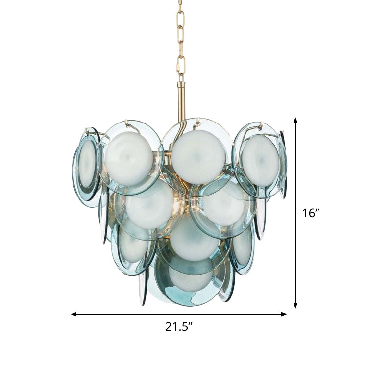 Mid Century 3 Tiers Flaked Chandelier Blue Glass 8 Lights Living Room Pendant Ceiling Light Clearhalo 'Ceiling Lights' 'Chandeliers' 'Close To Ceiling Lights' 'Glass shade' 'Glass' 'Modern Chandeliers' 'Modern' Lighting' 1476142