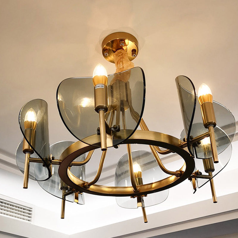 Curved Sheet Chandelier Lamp Mid-Century Clear Glass 6/8-Bulb Gold Hanging Light Fixture with Open Bulb Design Clearhalo 'Ceiling Lights' 'Chandeliers' 'Close To Ceiling Lights' 'Glass shade' 'Glass' 'Modern Chandeliers' 'Modern' Lighting' 1476143
